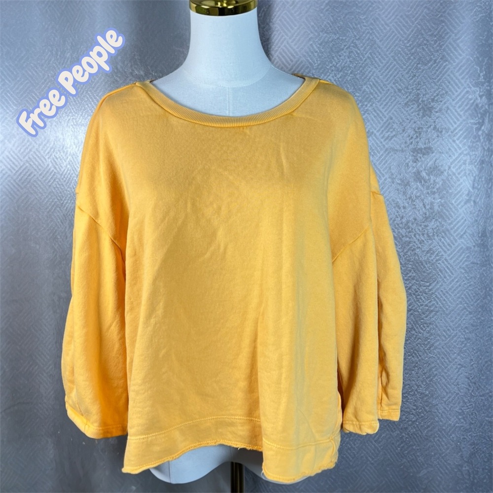 Free People Anthropologie Marigold Yellow Puff Sleeve Cotton Sweatshirt Large